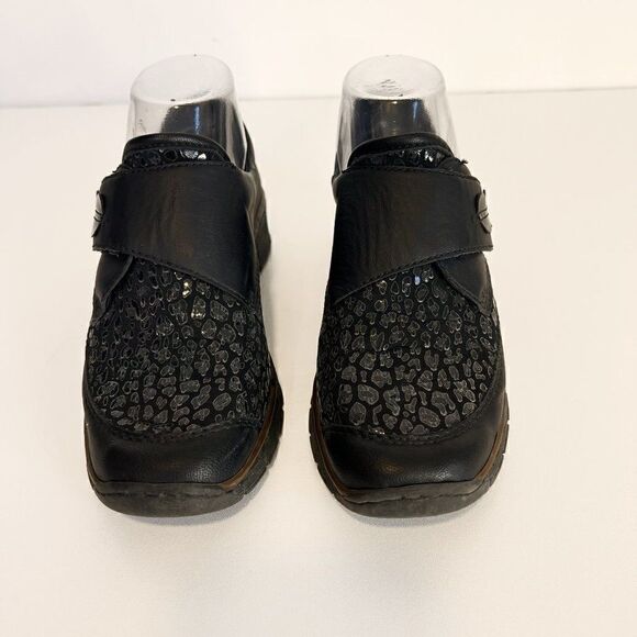 Rieker Black Subtle Leopard Print Mini Wedge Hook & Loop Comfort Shoes - Picture 2 of 6